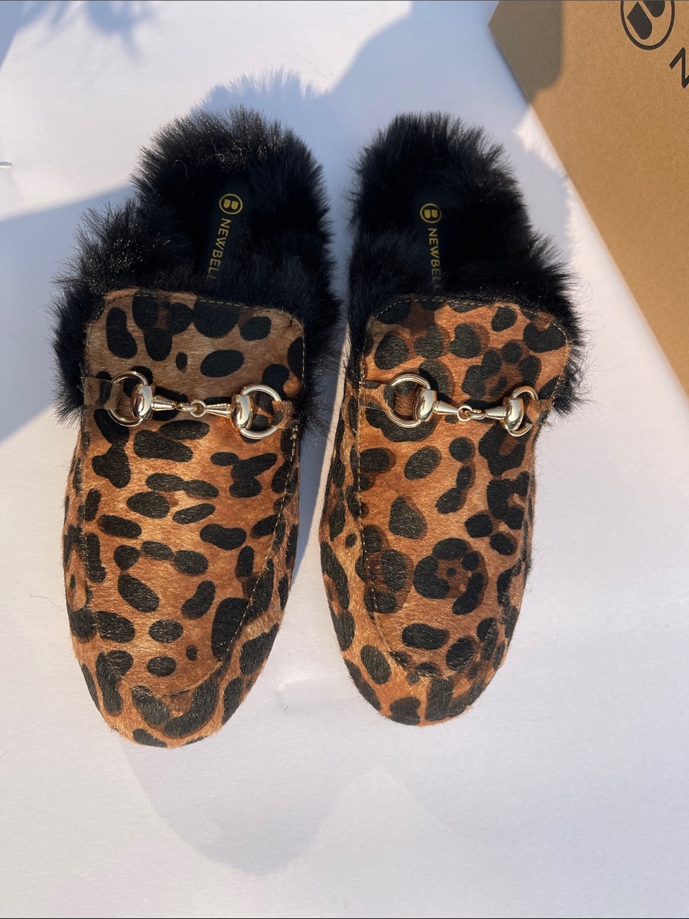 Leopard Print Fur-Lined Mule Loafers with Gold Hardware - Brown/Black